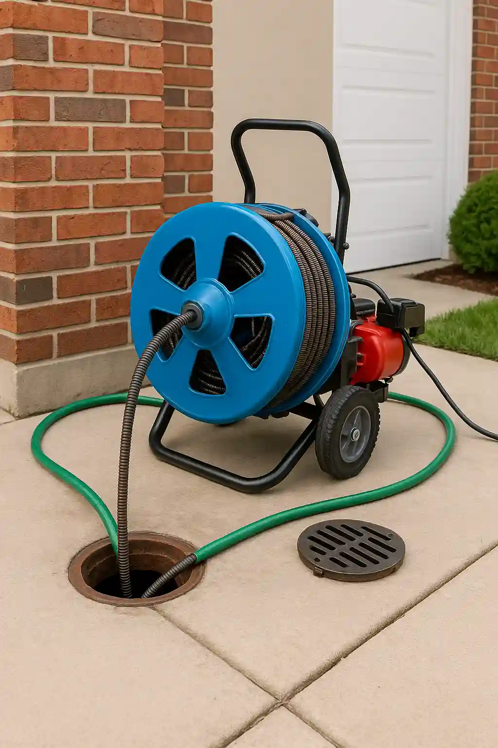 Commercial Blue hose reel for drain cleaning
