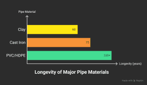 Protect Your Home: Average Lifespan of a Sewer Line Explained bar chart comparing longevity of clay, cast iron, and PVC sewer pipes