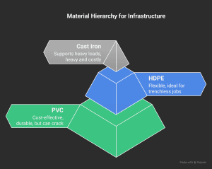 Material hierarchy for sewage line cost comparison showing PVC, HDPE, and cast iron options