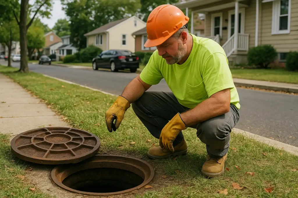 Manhole Inspection in Cherry Hill Township, NJ Technician examining an open manhole during a drainage system inspection in Cherry Hill Township, NJ
