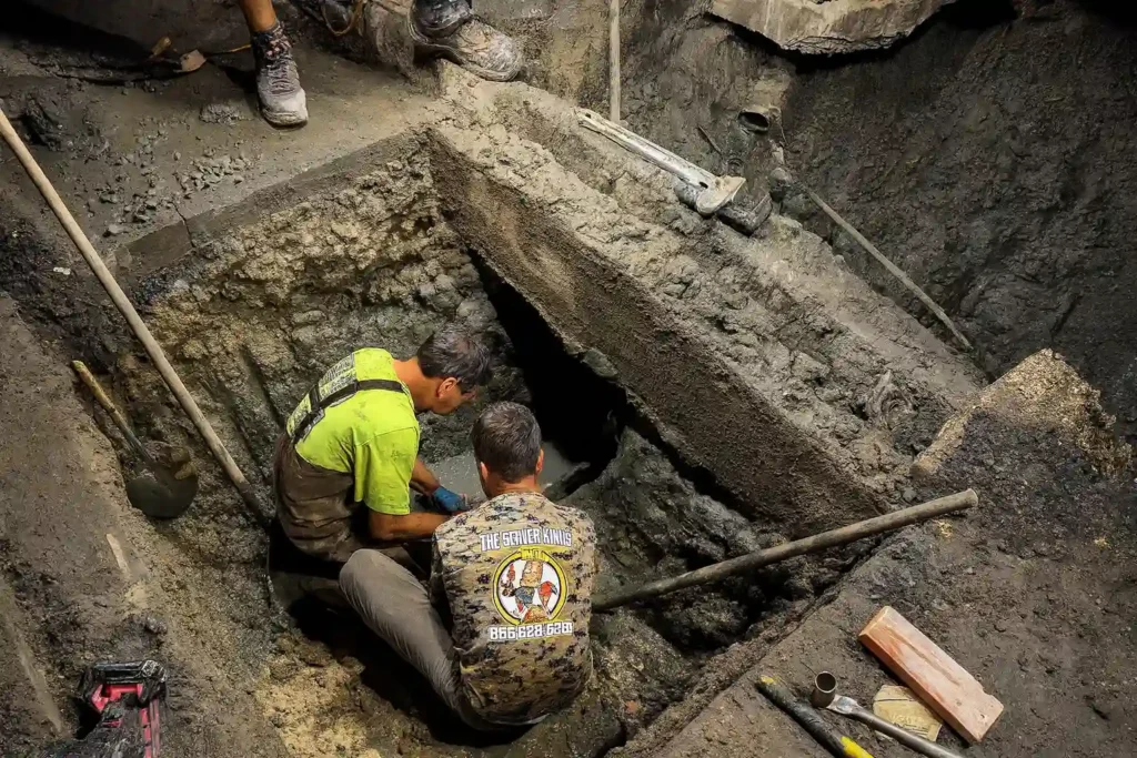 Collapsed Drain Repair in Evesham NJ Technicians inside a deep trench handling pipe connections during a collapsed drain repair project in Evesham NJ.