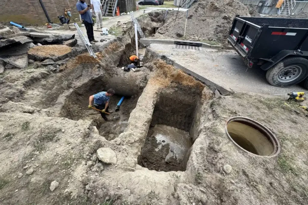 Crew working inside a deep trench to access and repair an underground drain line as part of a drain excavation service in Evesham NJ.