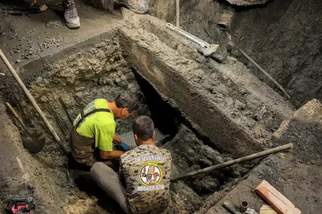 Two technicians inspect an exposed underground drain line in a muddy trench during a drain leak detection project in Evesham NJ.