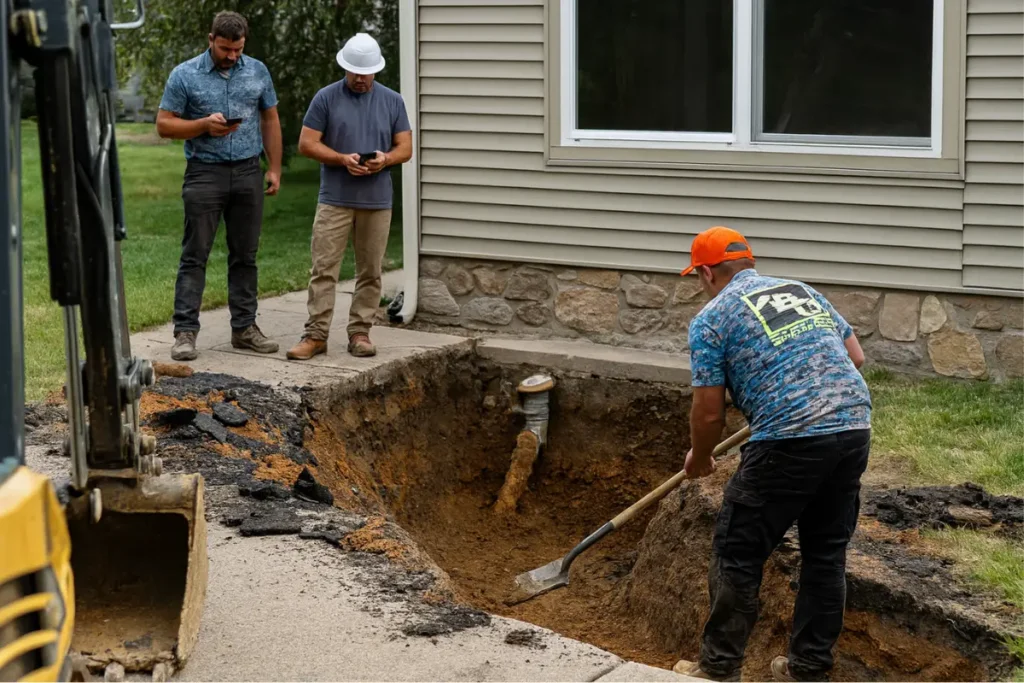 Technician excavating near a residential foundation to expose underground drain lines as part of a drain mapping project in Evesham NJ.