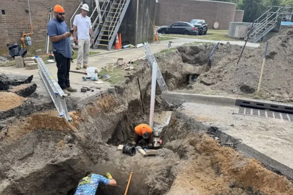 Technicians working inside a deep trench to locate and trace underground drain pathways during a drain tracing project in Evesham NJ.