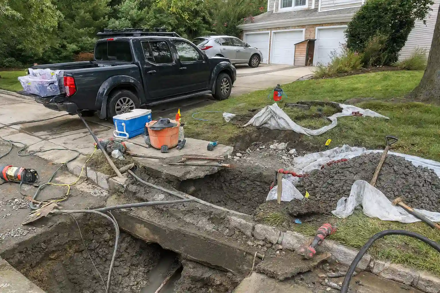 Drain Cleaning near Alluvium, NJ Exposed sewer trench outside a residential property in Evesham NJ, showing drainage lines being accessed for root removal from drains.