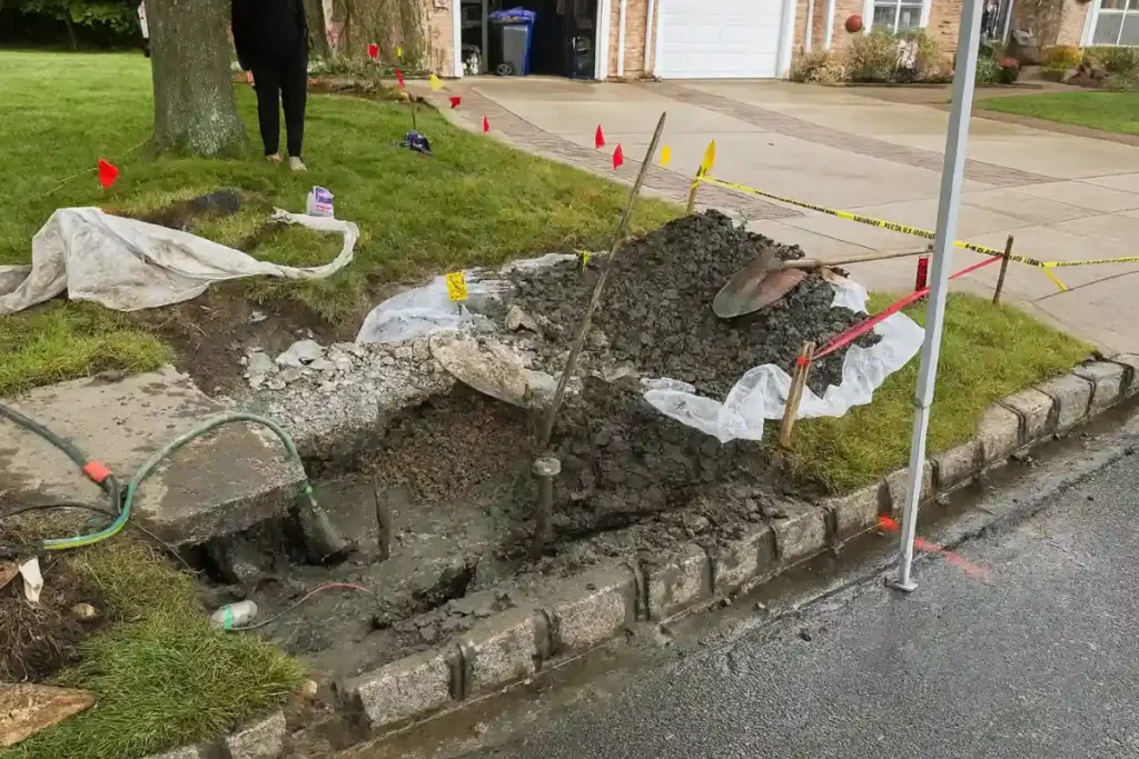 Curbside sewer line repair replacement in New Jersey showing excavation near the street where a broken sewer line is being removed and replaced.