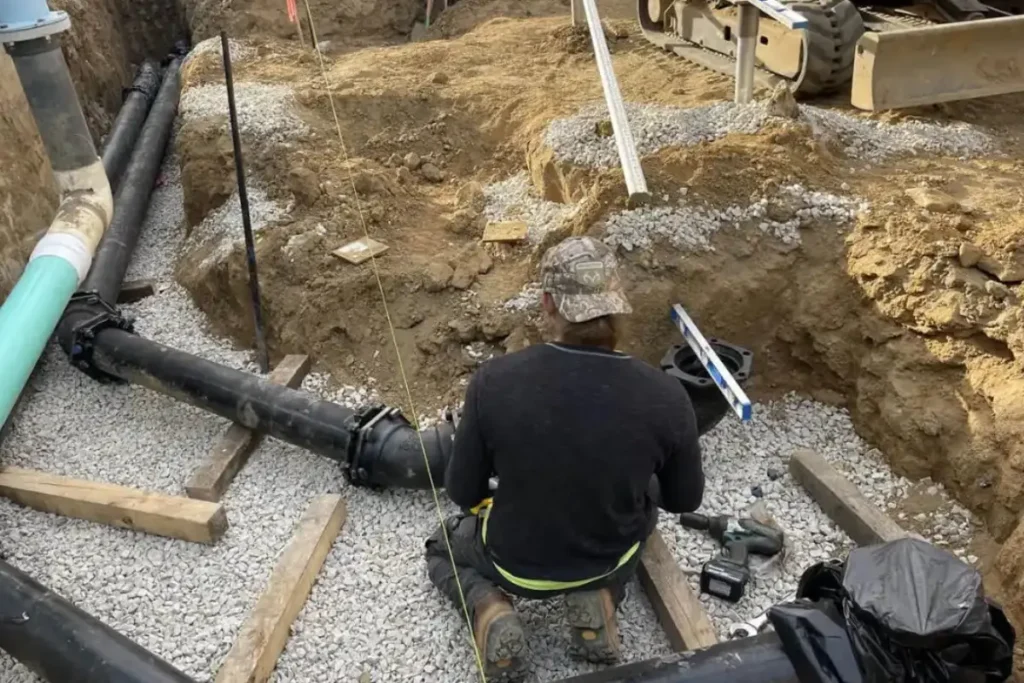 Sewer line repair in NJ showing new underground sewer piping being installed on a gravel base during an excavation project.