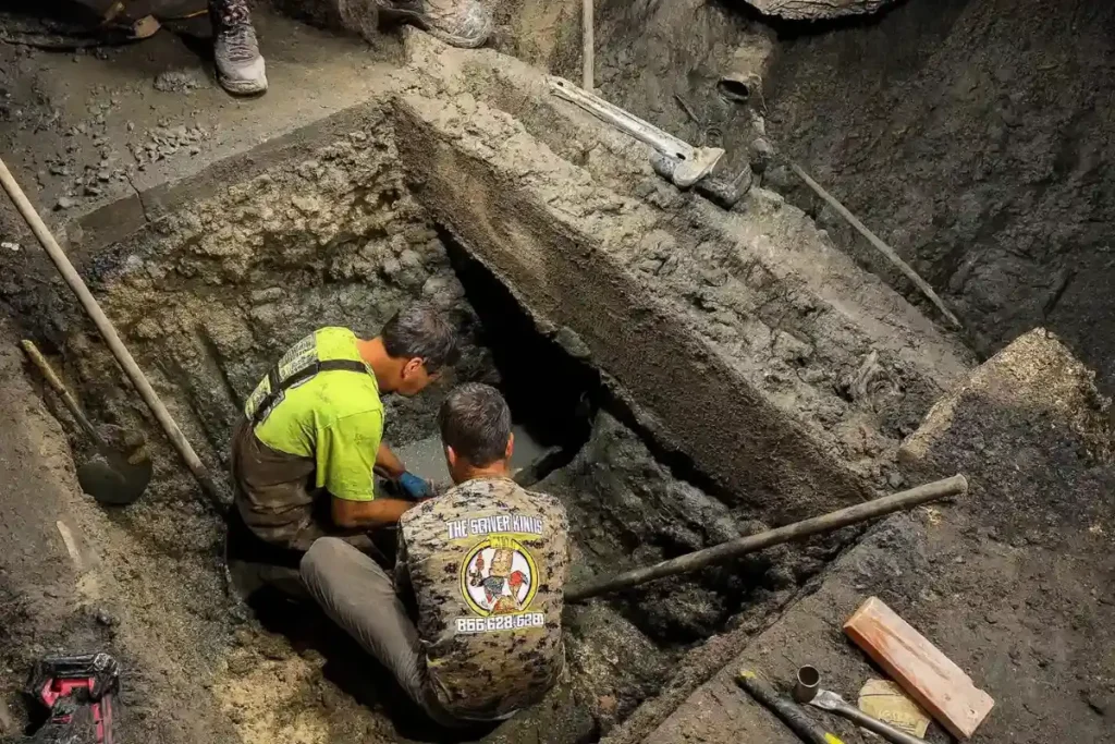 Technicians performing sewer line repair in South New Jersey by accessing a collapsed underground pipe inside a deep excavation trench.