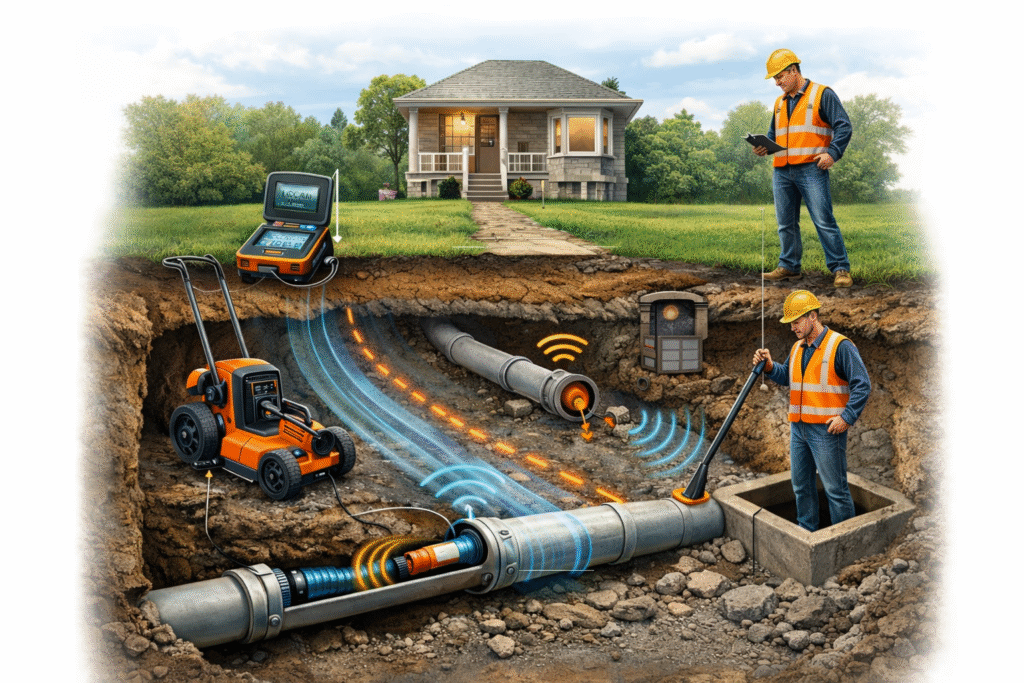 Professional sewer line location service in Evesham, NJ using electronic detection equipment to accurately trace underground sewer pipes before repair