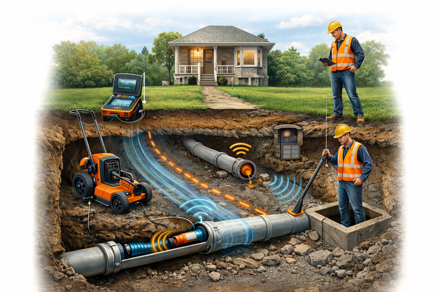 Professional sewer line location service in Evesham, NJ using electronic detection equipment to accurately trace underground sewer pipes before repair