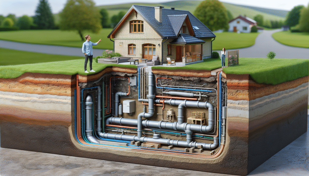 Detailed underground residential sewer and drainage system diagram beneath a home in Evesham NJ, showing pipe layout, cleanouts, and utility connections.