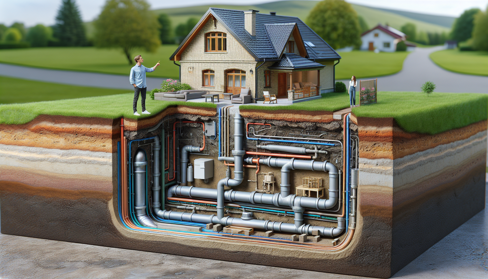Detailed underground residential sewer and drainage system diagram beneath a home in Evesham NJ, showing pipe layout, cleanouts, and utility connections.