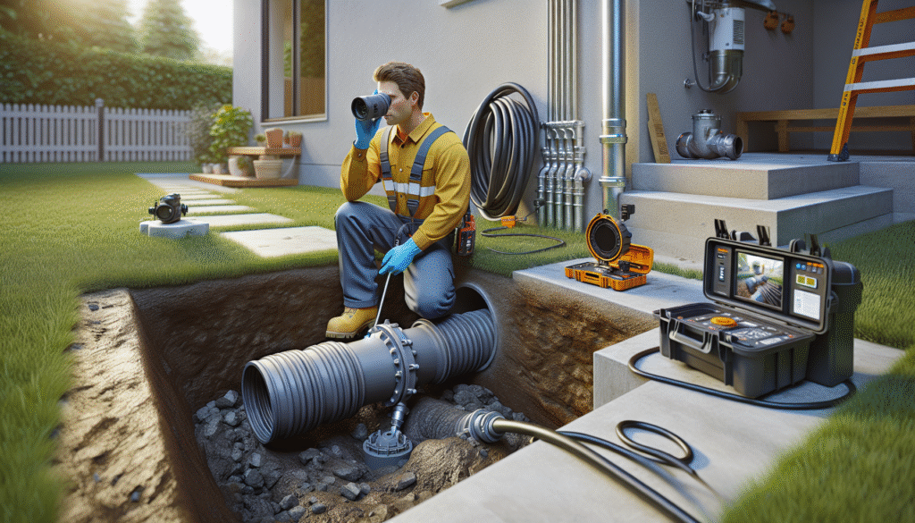 Technician performing residential sewer line camera inspection in Evesham NJ with underground pipe access and diagnostic equipment.