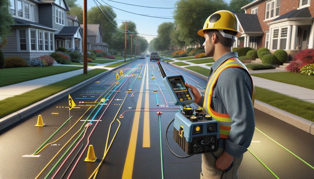 Utility worker in a suburban neighborhood using underground cable locating equipment to trace marked utility lines along a residential street with safety cones and colored wiring paths visible on the pavement.