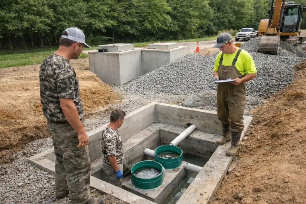Professional septic treatment system installation in Evesham, NJ with technicians inspecting concrete treatment tanks, piping, and filtration components during new system setup.