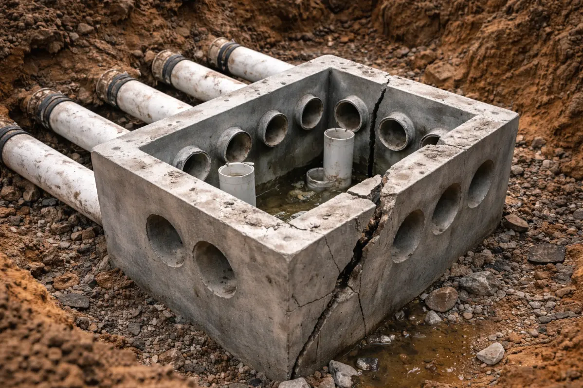Damaged septic distribution box showing cracks and water buildup, a common issue requiring professional septic distribution box repair in Evesham, NJ.