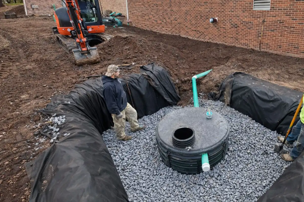 Septic tank exposed on a gravel base to allow inspection of baffle placement and connections during a New Jersey septic system inspection.