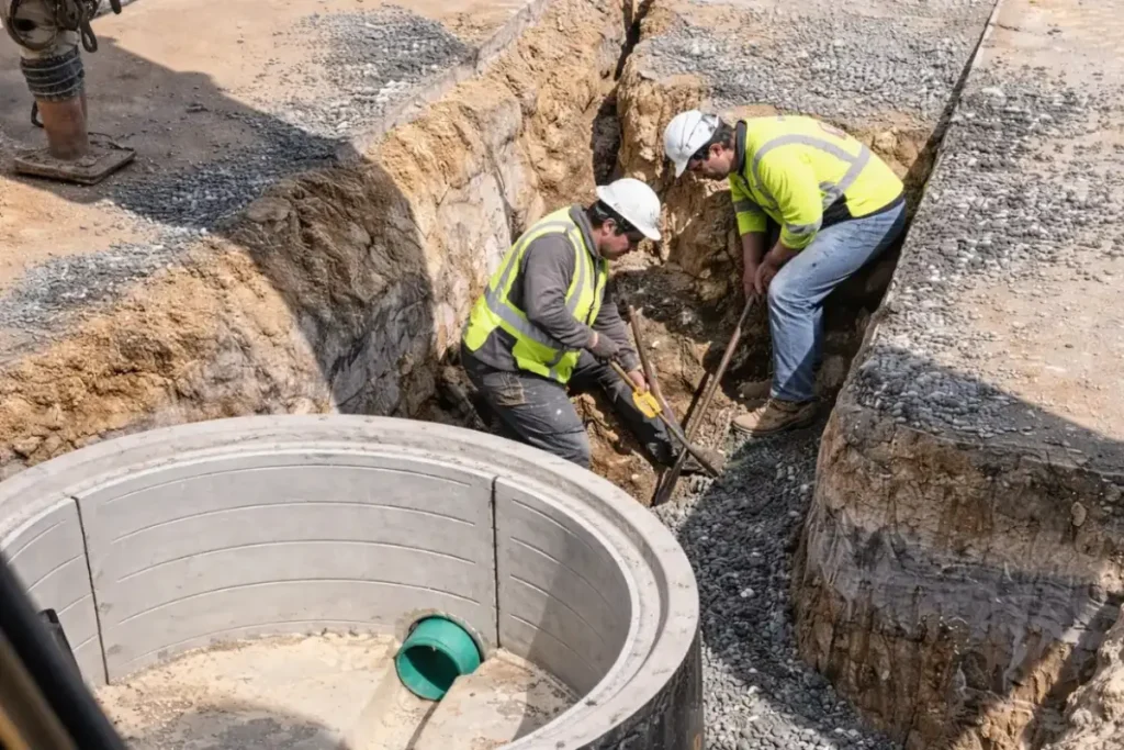 Technicians inspecting septic tank baffle placement during a compliant septic system installation in New Jersey.