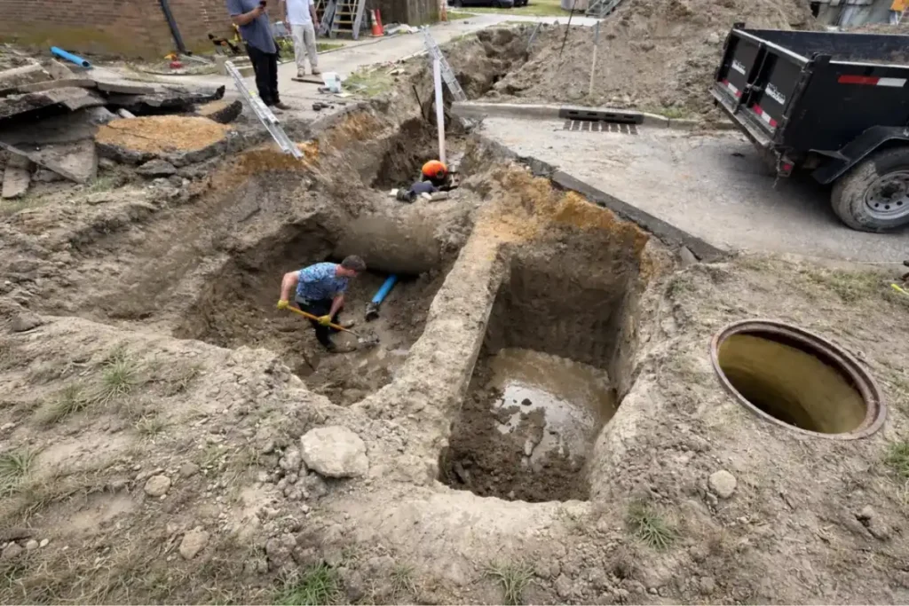 Septic system excavation showing required access openings and inspection areas under New Jersey septic system rules.