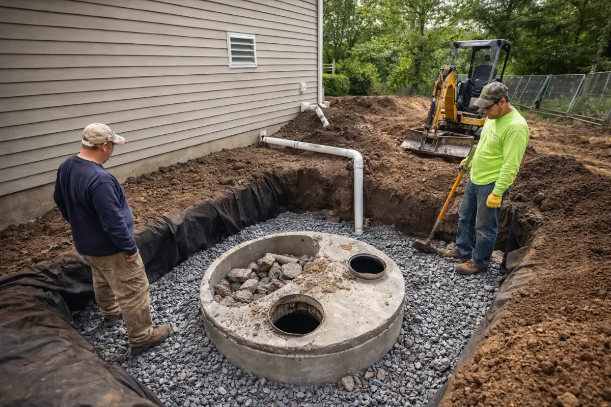 Residential septic tank abandonment in Evesham, NJ, with technicians breaking and filling the tank to permanently decommission the system.