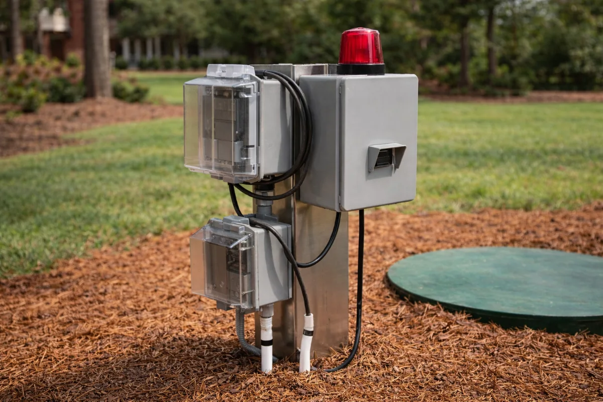 Septic alarm installation Outdoor septic alarm control panel installed near a residential septic tank as part of a septic alarm installation in Evesham, NJ.