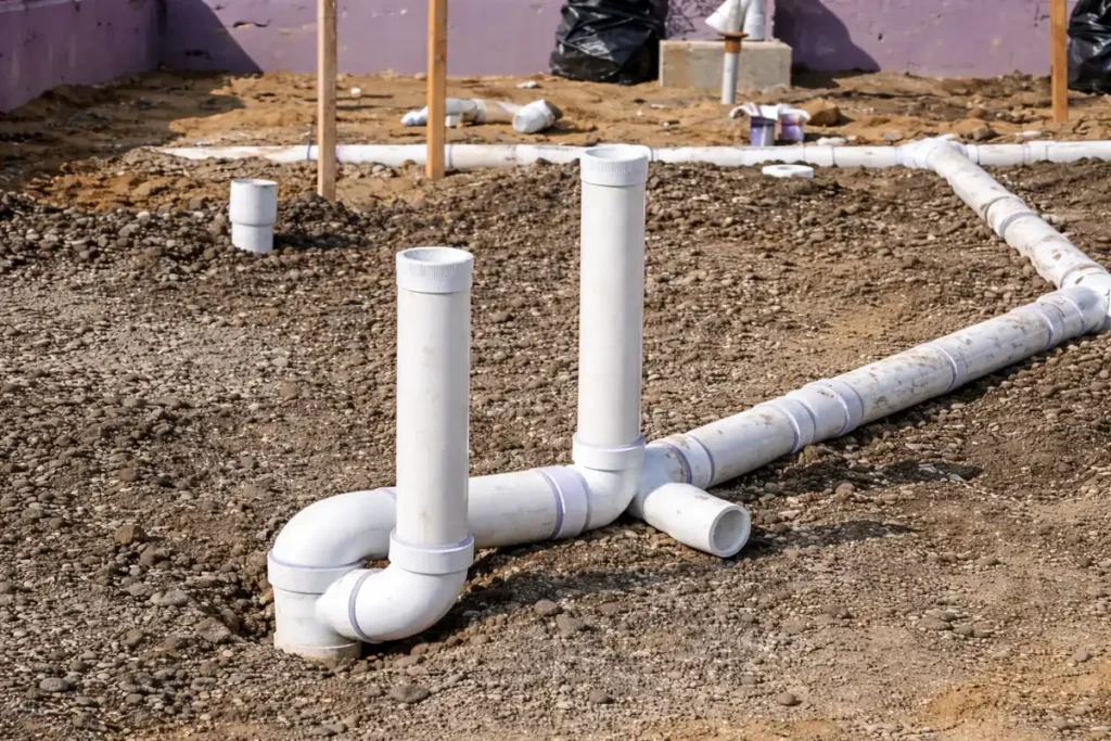 Sewer Line Repair in Lindenwold, NJ PVC piping arranged for septic tank baffle installation during a repair project in Lindenwold, NJ.