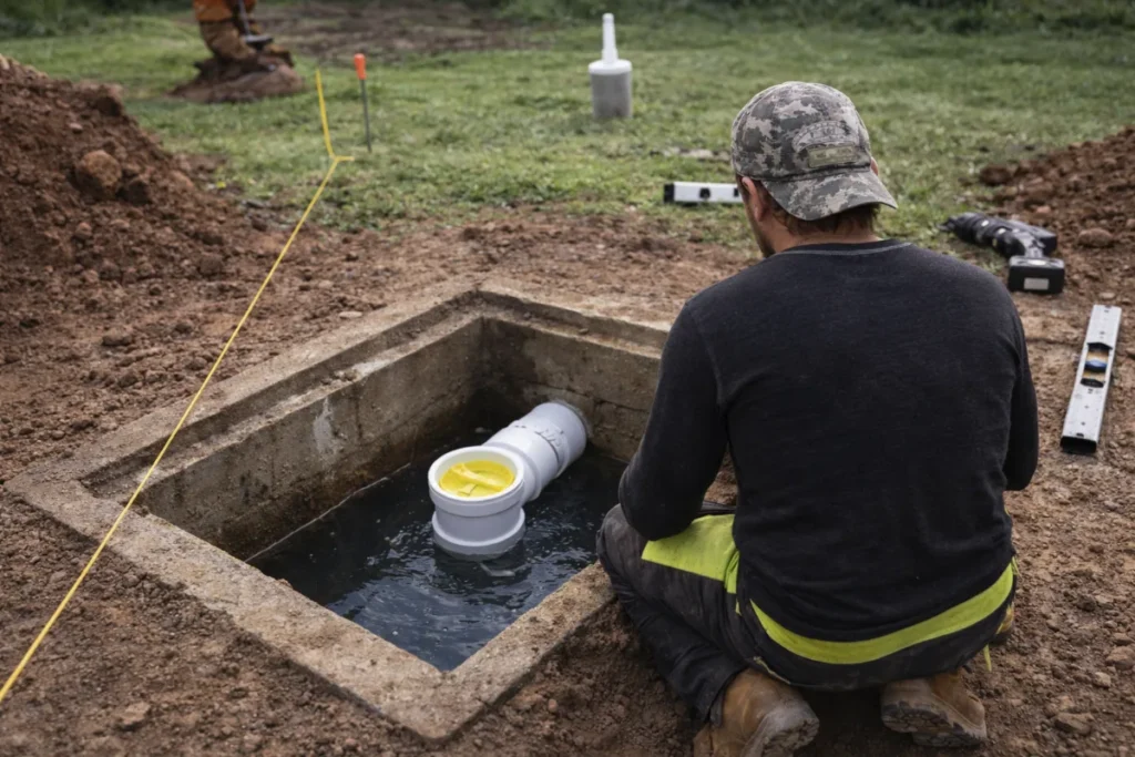 Septic tank baffle repair Septic professional inspecting a septic tank baffle to ensure proper wastewater flow in a residential septic system in Evesham, NJ.