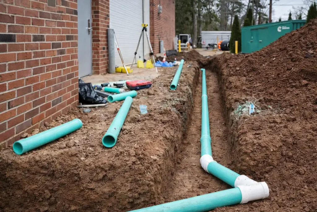 PVC pipes laid out in an excavation trench as part of a septic tank baffle replacement in Gibbsboro, NJ.