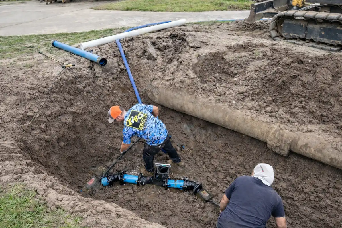 Technician performing septic tank baffle repair inside an open excavation pit at a residential property in Voorhees Township, NJ.
