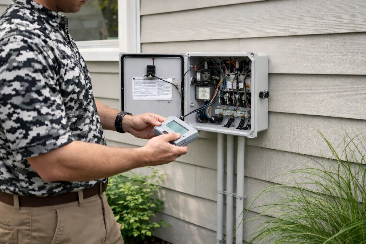 Septic control panel installation Technician inspecting and testing a septic control panel during a septic treatment system installation at a residential property in Evesham, NJ.