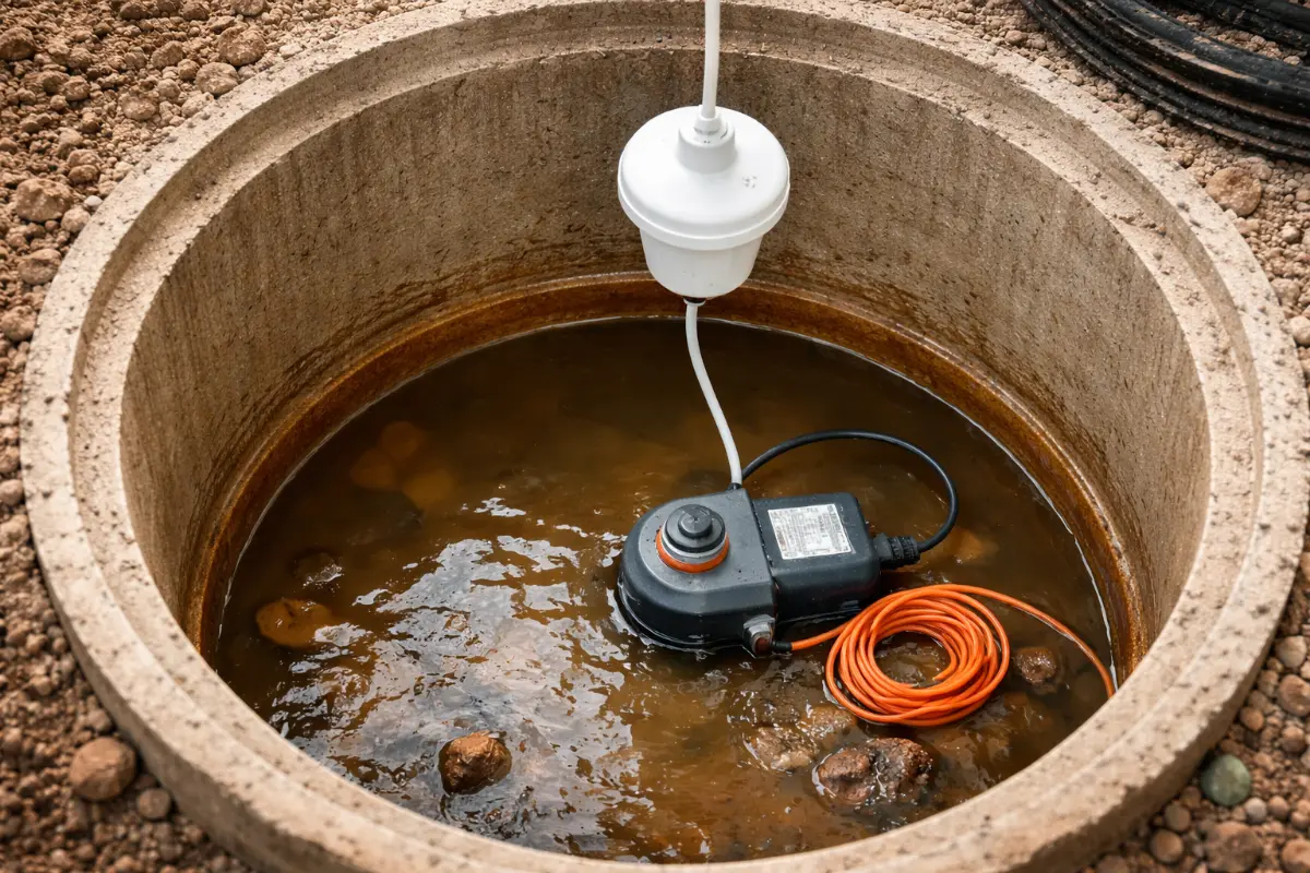 Septic float switch repair Close-up view of a septic float switch and pump assembly during septic float switch repair inside a concrete tank in Evesham, NJ.