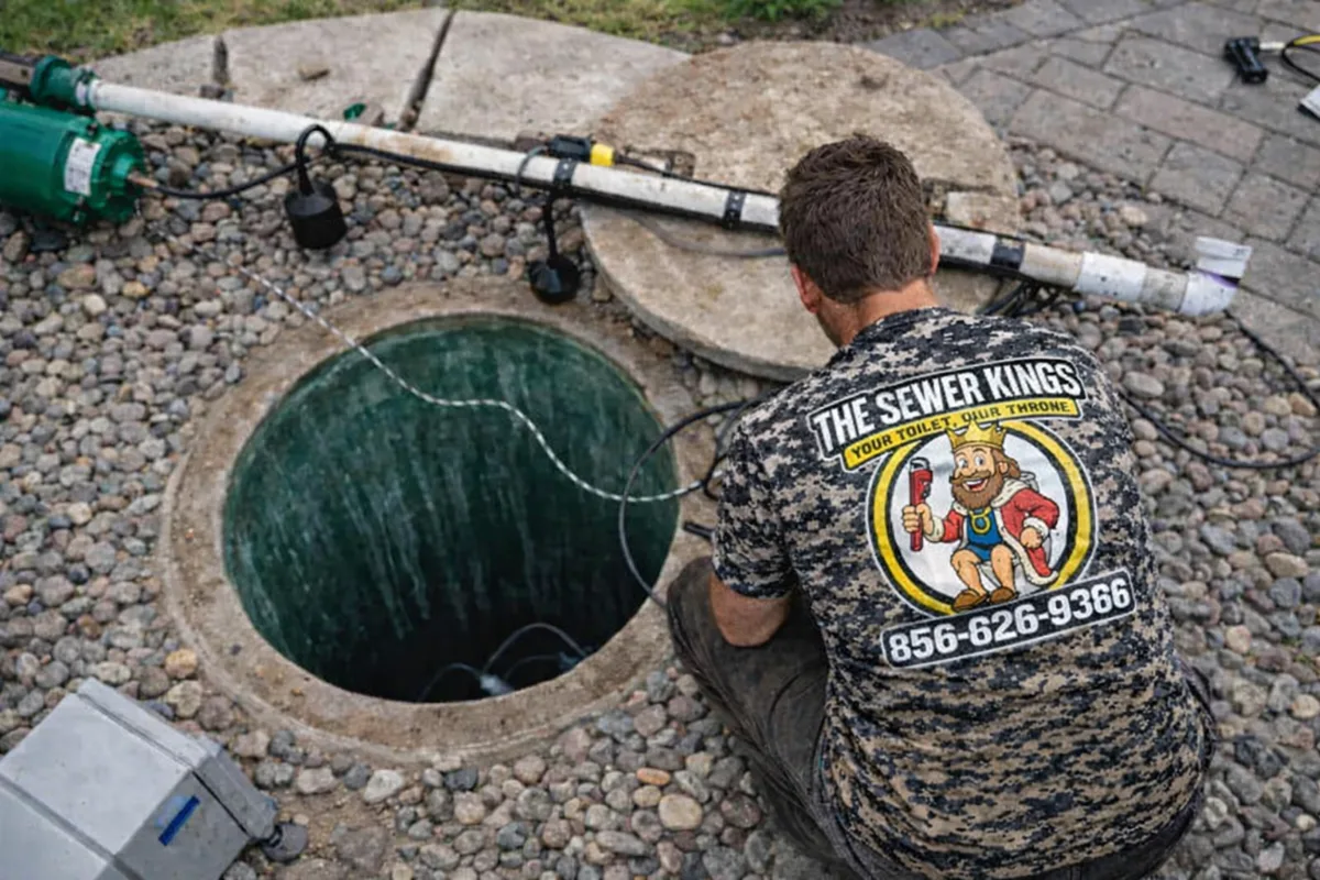 Septic Pump Replacement in Evesham, NJ Septic pump replacement in Evesham, NJ showing an old pump removed from the basin as part of a professional septic treatment system installation.
