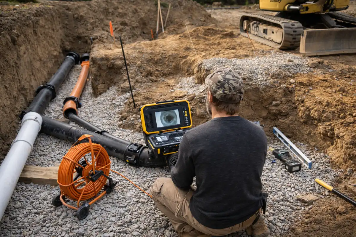 Septic system camera inspection Septic system camera inspection in Evesham, NJ with a technician using video inspection equipment to diagnose underground septic piping.