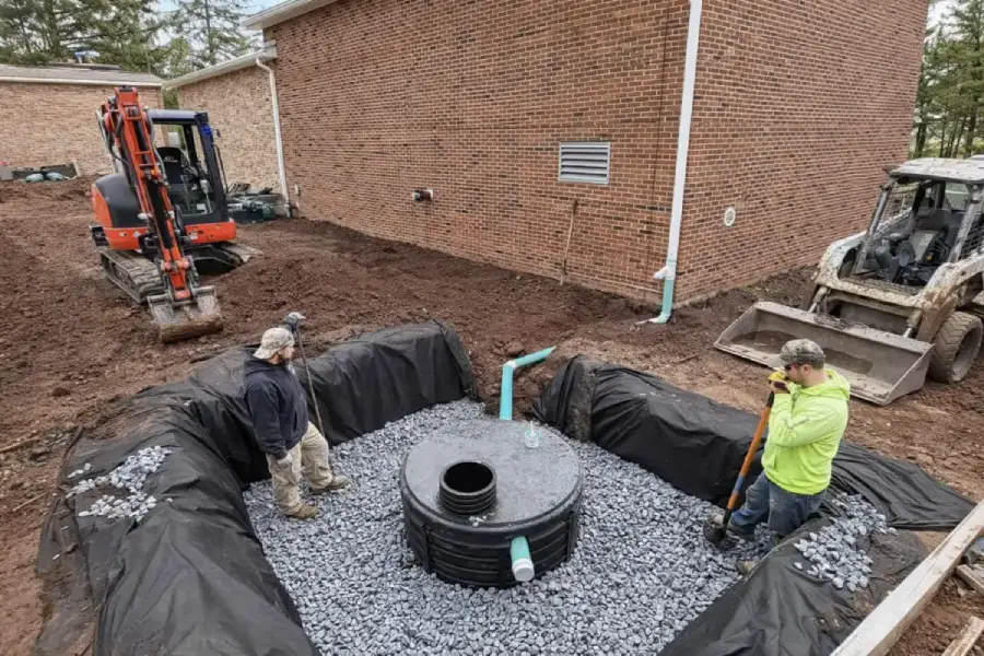 Septic system installation in progress in Evesham, NJ showing excavation, gravel base, and new septic tank placement by licensed contractors