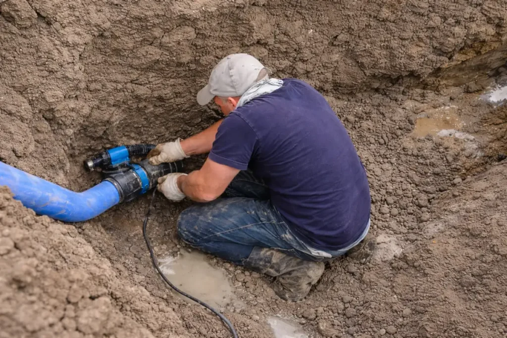 Septic System Service in Glassboro, NJ Technician installing a septic tank baffle connection during septic system service in Glassboro, NJ.