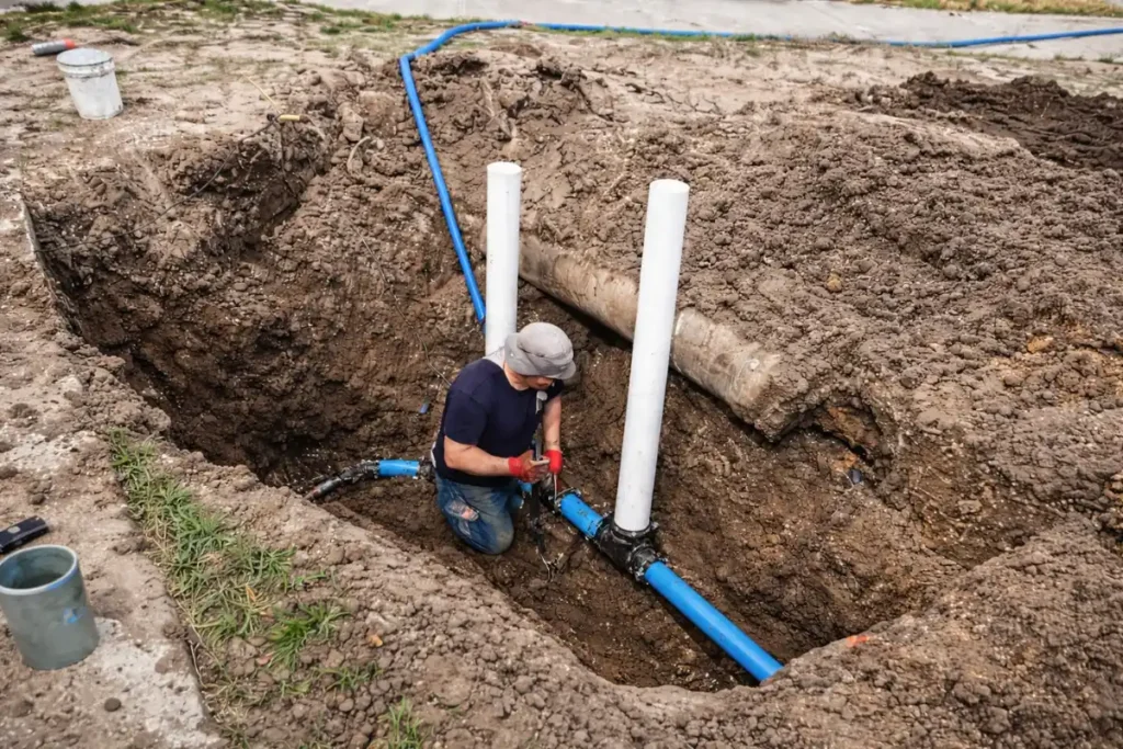 Septic System Service in Mantua Township, NJ Septic tank baffle installation in progress during septic system service in Mantua Township, NJ.