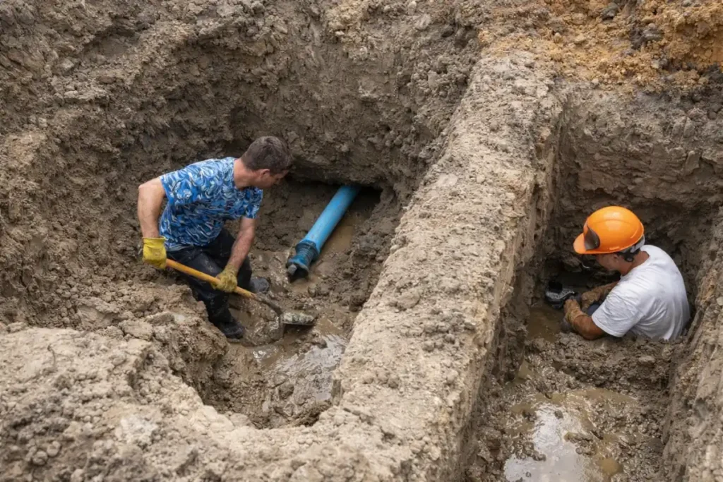 Technicians installing septic piping during a septic tank baffle repair in Pitman, NJ.