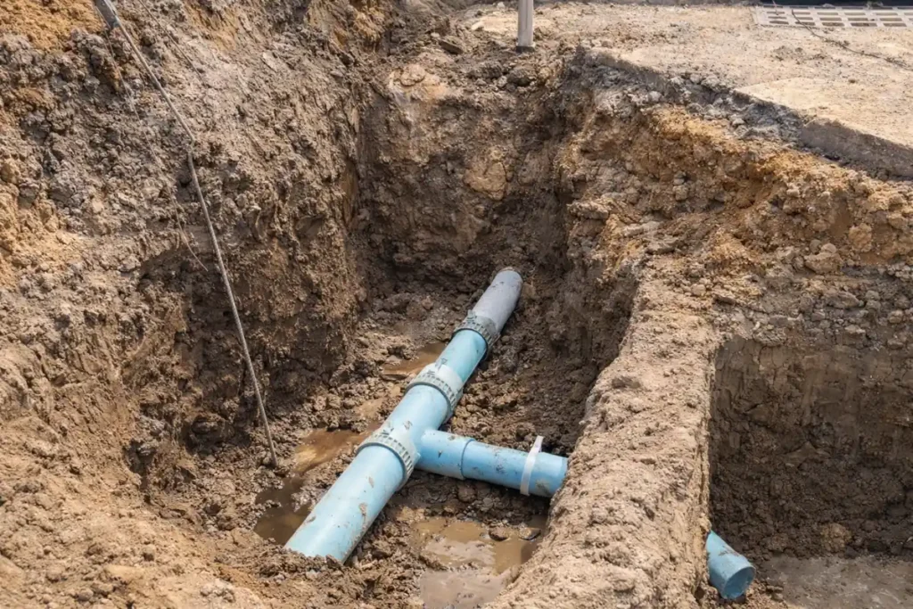 Septic system troubleshooting Exposed septic pipes during septic system troubleshooting in Evesham, NJ used to identify flow problems and system failures.