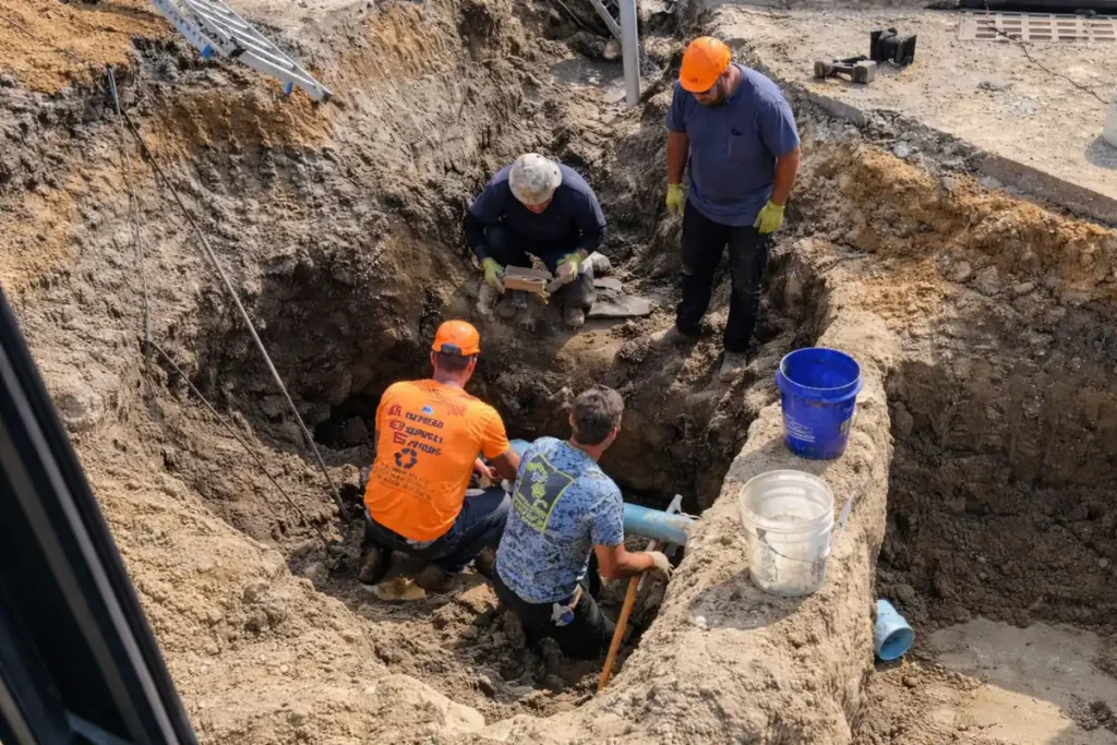 Septic system troubleshooting Exposed septic pipes during septic system troubleshooting in Evesham, NJ used to identify flow problems and system failures.