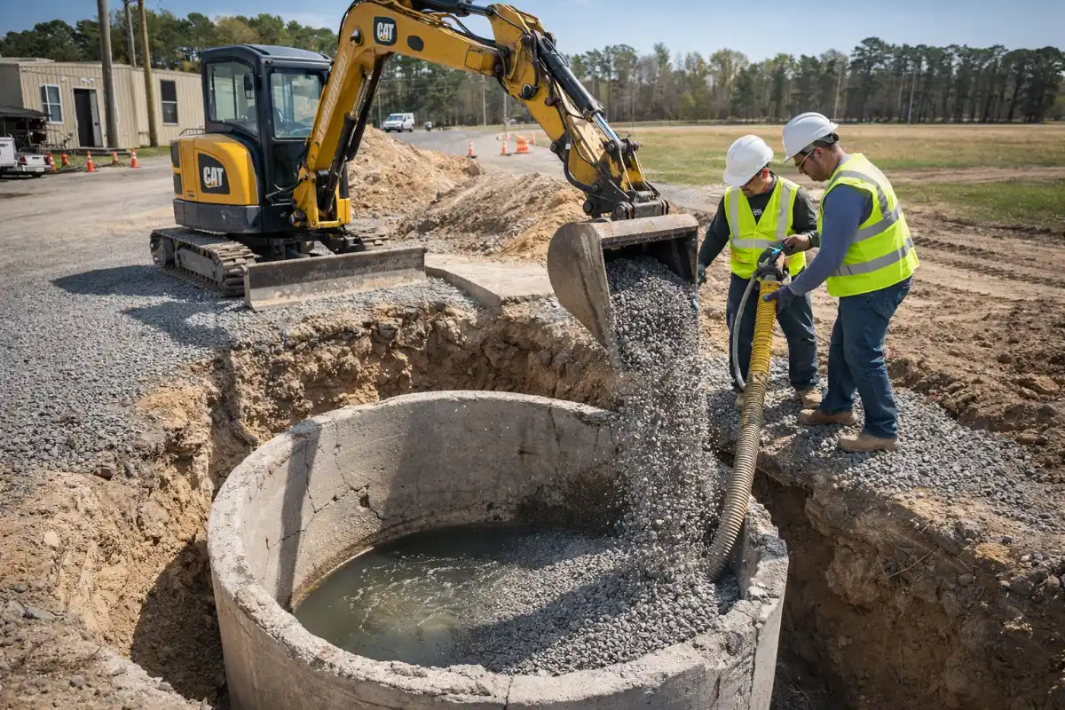 Crew pouring approved fill material into a concrete septic tank during septic tank abandonment in Evesham, NJ.