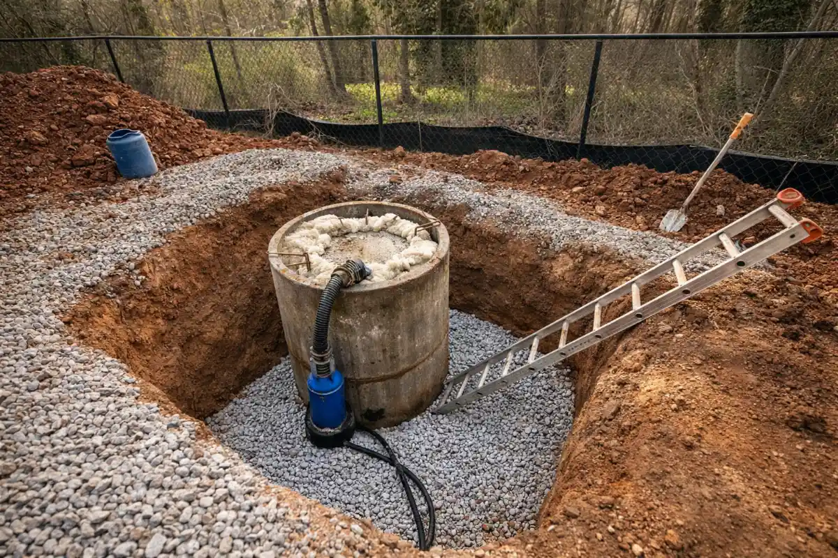 Excavated septic tank prepared for abandonment in Evesham, NJ, showing gravel base and exposed tank before proper filling and decommissioning.