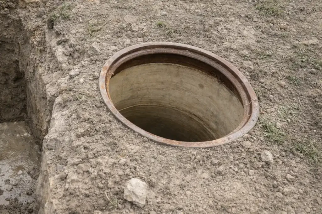 Septic tank access opening at a residential septic system service site in Pitman, NJ.