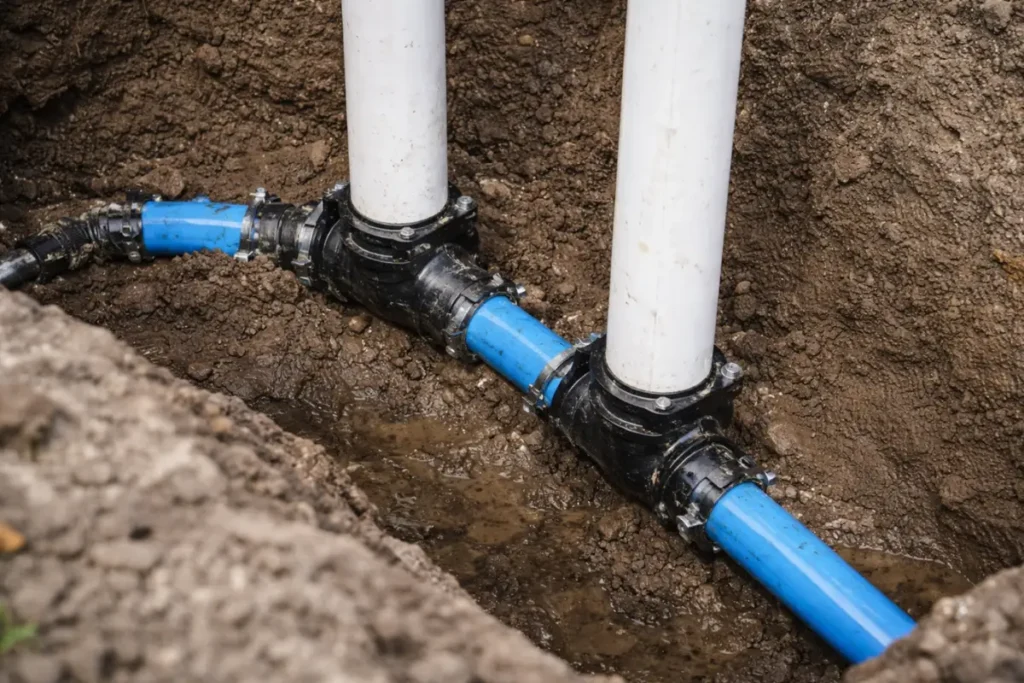 Septic System Service in Mantua Township, NJ Close-up of a septic tank baffle connection and risers during septic system service in Mantua Township, NJ.
