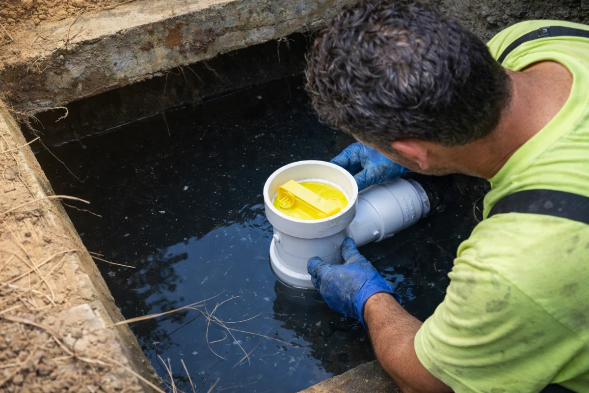 Septic tank baffle repair Technician installing a new septic tank baffle inside an open concrete septic system during a septic treatment system repair in Evesham, NJ.