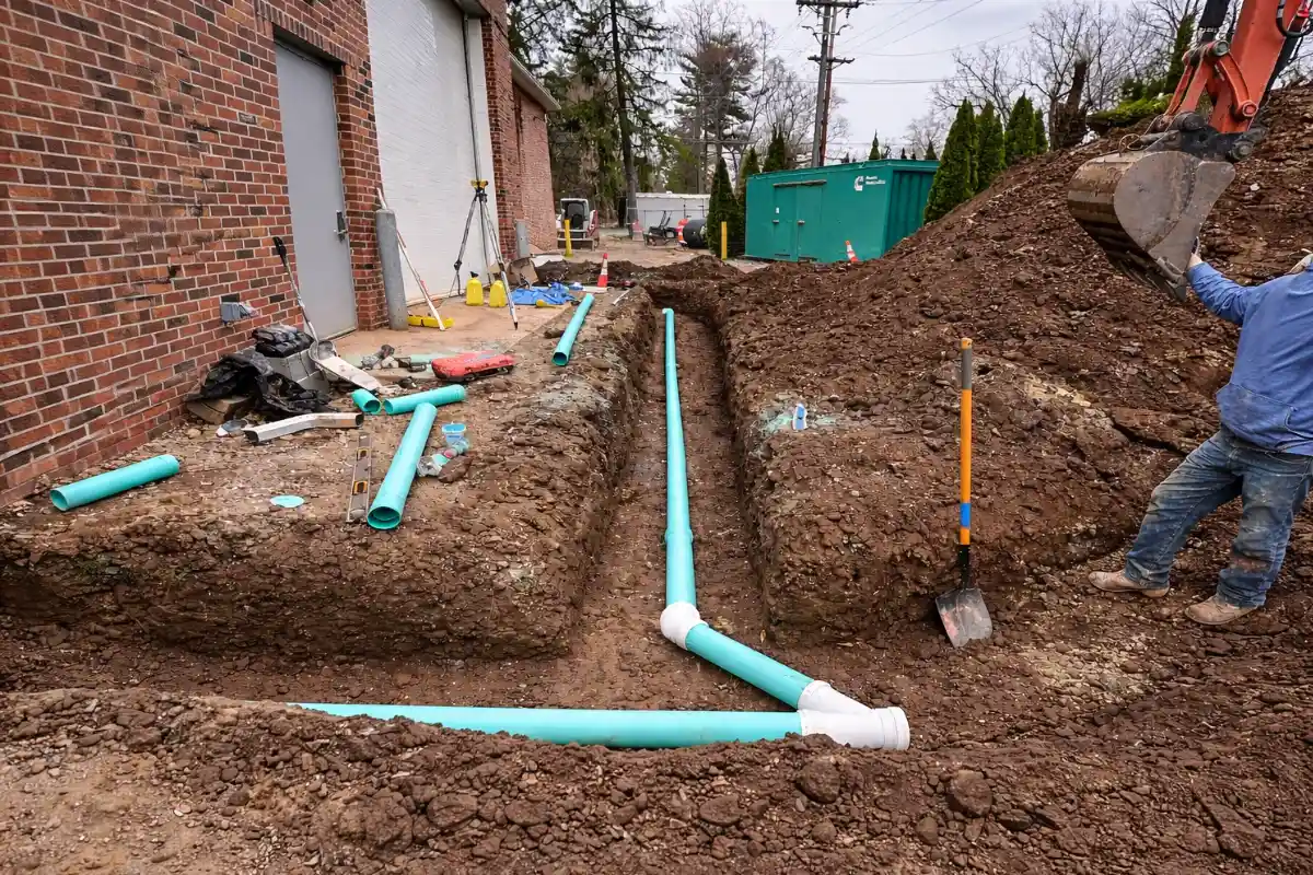 Open trench with PVC piping during a septic tank baffle repair project at a residential property in Gibbsboro, NJ.