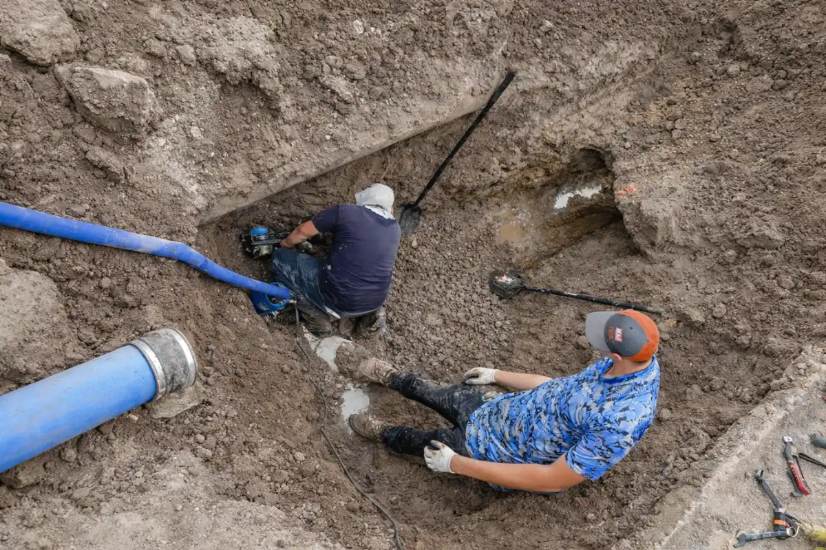 Septic System Service in Glassboro, NJ Technicians working inside an excavation trench during a septic tank baffle repair in Glassboro, NJ.