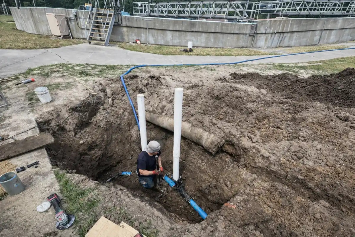 Septic System Service in Mantua Township, NJ Technician working inside an excavation trench during a septic tank baffle repair in Mantua Township, NJ.