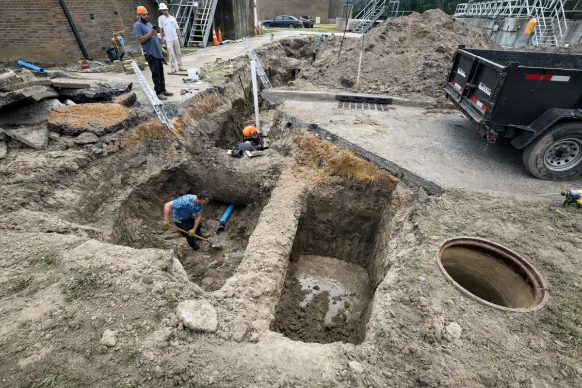 Wide view of an excavation site during a septic tank baffle repair project in Pitman, NJ.