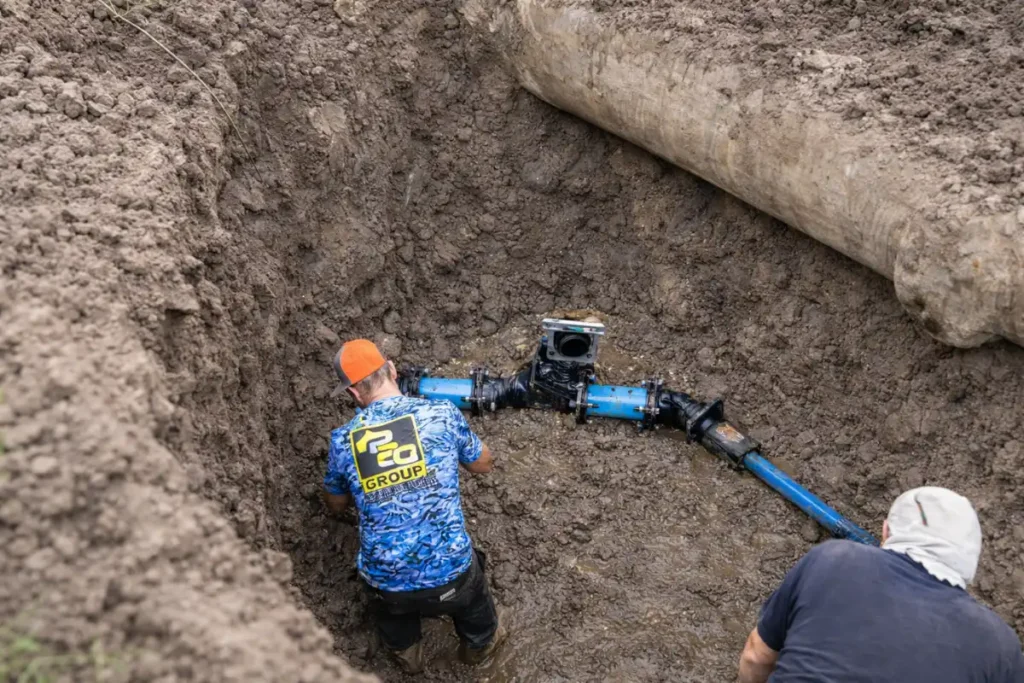 Crew completing a septic tank baffle replacement with exposed piping and full excavation at a home in Voorhees Township, NJ.